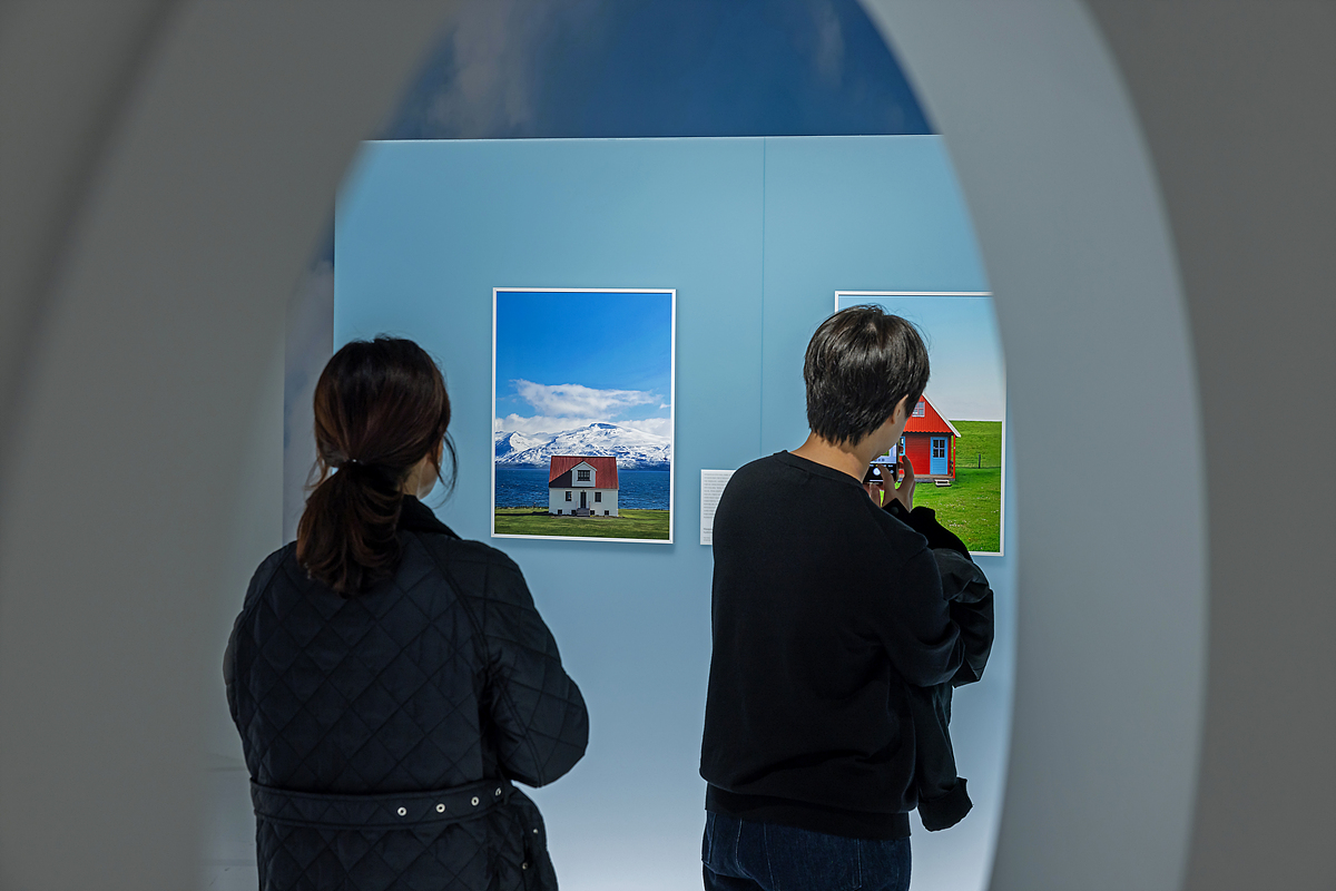 전시장 내 레드 컬러 섹션에서 QR코드를 통해 배경 화면을 다운로드하는 관람객들과 전시 작품 일부의 모습